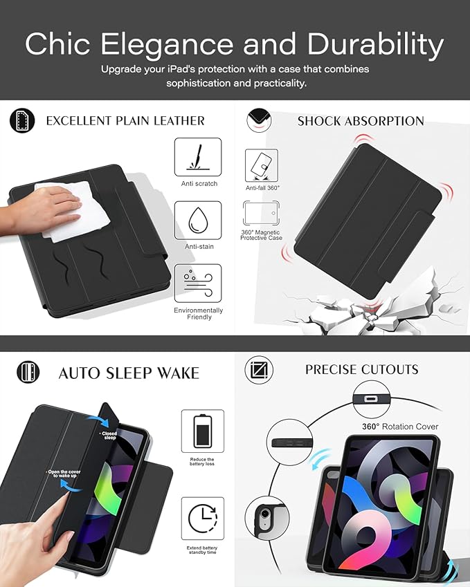 ZENLU iPad Air 10.9/11 inch Case with Removable Magnetic Folio Cover, Premium PU Leather, Multiple Angles Stand, Pencil Slot Charging Support, Full Protective Case for iPad Air 7 6 5 4 Gen (Black)