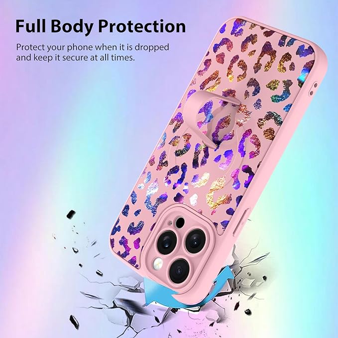 KANGHAR Compatible with iPhone 15 Pro Max Case, Support for MagSafe, Silicone Cute Iridescent Leopard Cheetah Pattern, Wristband Kickstand Shockproof Protective Slim Cover for Women Girls, Pink