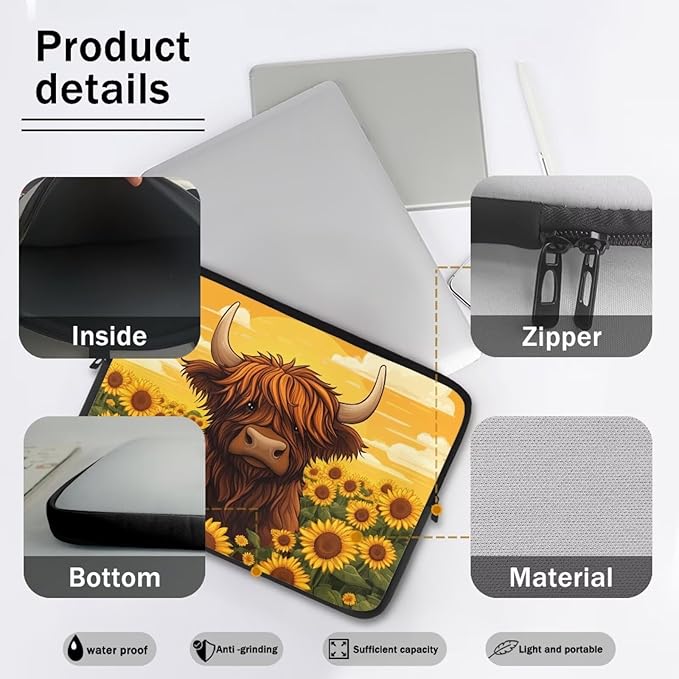 Highland Cow Laptop Protective Sleeve for Women 13inch Computer Sleeve Bag Sunflower Portable Lap Top Case Suitable for Travel School Office Neatly Organizers Brown