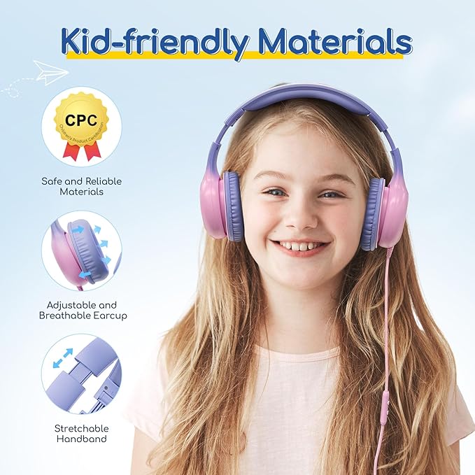 EarFun Kids Headphones Wired with Microphone, USB Type C Headphones for Kids, 85/94dB Volume Limit, Portable Wired Headphone with Shareport, Stereo Sound Foldable Headset for School/Tablet/PC/Kindle