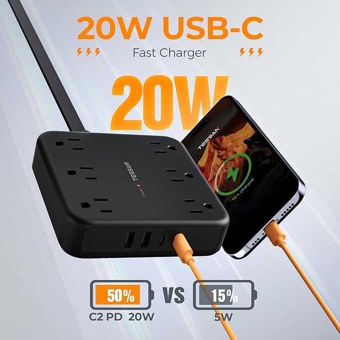 TESSAN 5Ft Black Extension Cord with Multiple Outlets, Surge Protector Power Strip with 6 Outlets and 4 USB Ports (2 USB C), 2100 Joules Protection, Flat Plug, Outlet Extender for Home, Office, Dorm