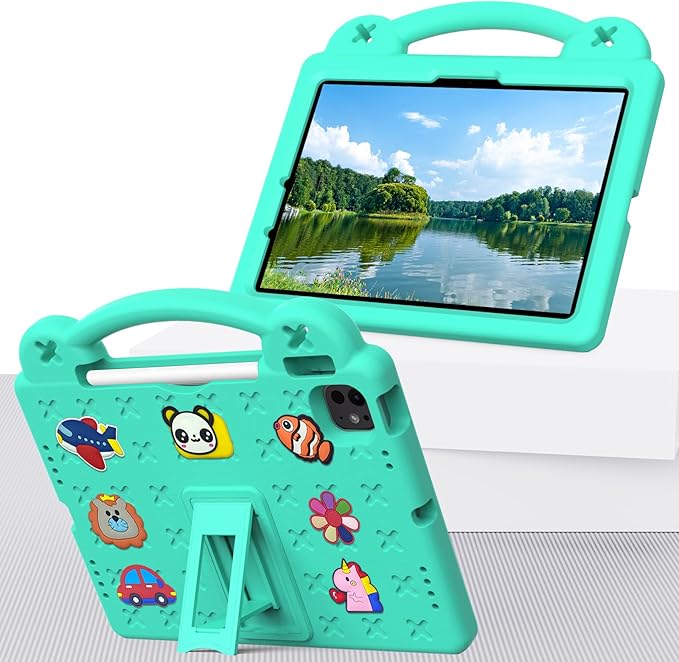 for iPad Air 11 inch Kids Case M3/M2 (2025/2024) & iPad Pro 11 Inch M4 Case 2024 with Pencil Holder/Handle/Kickstand/Cute DIY Soft Shockproof Stand Lightweight Tablet Cover, Mint Green Bear