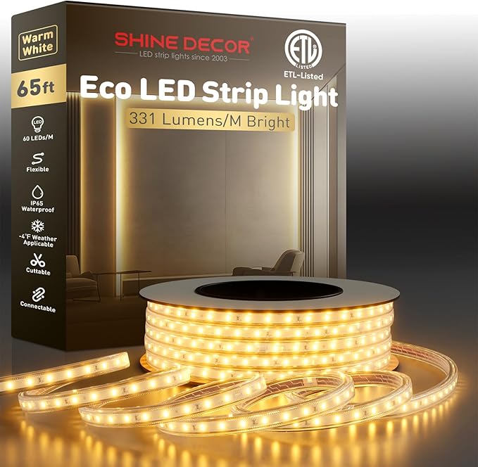 Shine Decor LED Strip Light Easy Connectable, 2800K Warm White Cold Resist Weatherproof Plug-in for Indoor Outdoor, 101 LM/FT Dimmable Bright Eco Rope Lighting 65FT, 120V Whole Set ETL Listed