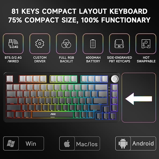 AOC GK330 Gaming Keyboard, Hot Swappable Wireless Mechanical Keyboard Support BT/2.4GHz/USB-C, RGB Backlit, Pre-lubed Reaper Switches, Anti-ghosting, 75% Gasket Custom Keyboard with Five-Layer Padding