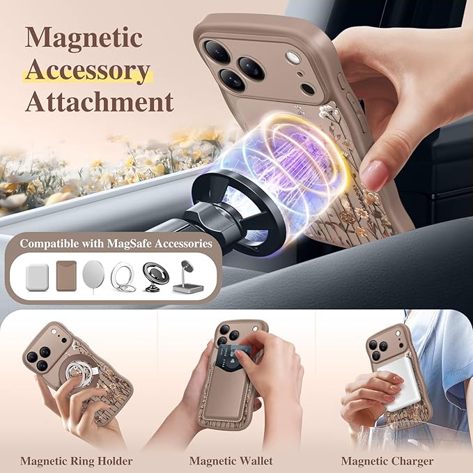 GVIEWIN for iPhone 17 Pro Max Case Compatible with MagSafe [Curly Wave Edge][Full Camera Protection] Floral Translucent Shockproof Magnetic Women Phone Case for 17 Pro Max, Floratopia/Brown