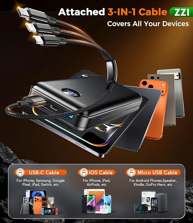 Portable Charger Power Bank, 60000mAh Battery Pack with 3 in 1 USB-C/iOS/Micro-USB Cable, 22.5W Fast Charging Portable Phone Charger, Travel Camping Essential Powerbank for iPhone 17/16 Samsung,Ebony