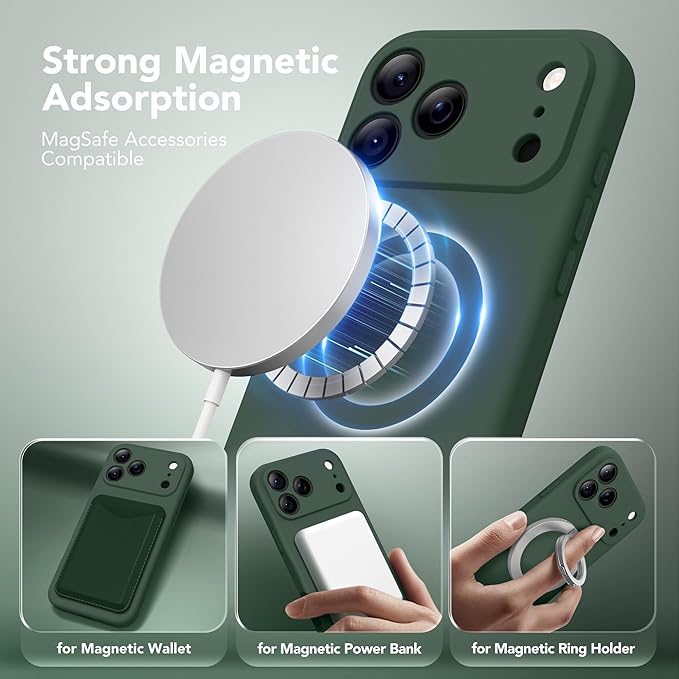 Magnetic for iPhone 17 Pro Max Case, Compatible with MagSafe, [Full Camera Protection][Screen Protector] Silicone Shockproof Protective Phone Case for iPhone 17 Pro Max 6.9", Alpine Green