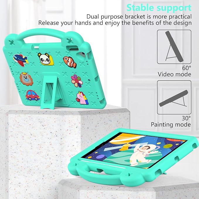 Dteck for iPad 9th/8th/7th Generation 10.2" Kids Case,Cartoon Panda Shockproof Rugged Lightweight Convertible Handles Stand Kid Friendly Case with Pencil Holder for iPad 10.2 2021/2020/2019,Mint Green