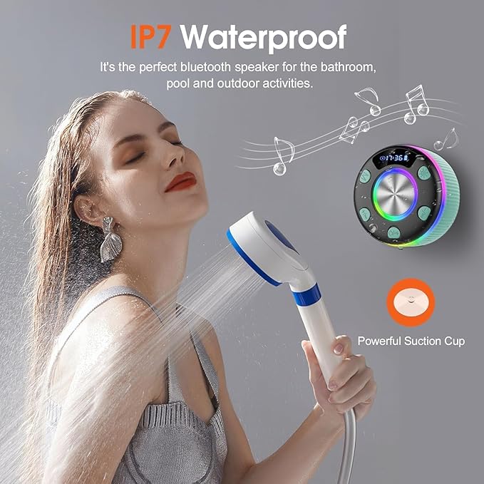 Bluetooth Shower Speaker, IP7 Waterproof Portable Bluetooth 5.3 Speakers with Suction Cup, Mini Wireless Speaker with RGB Lights Time Display, Loud Stereo Sound for Bathroom Beach Outdoor Party, Mint