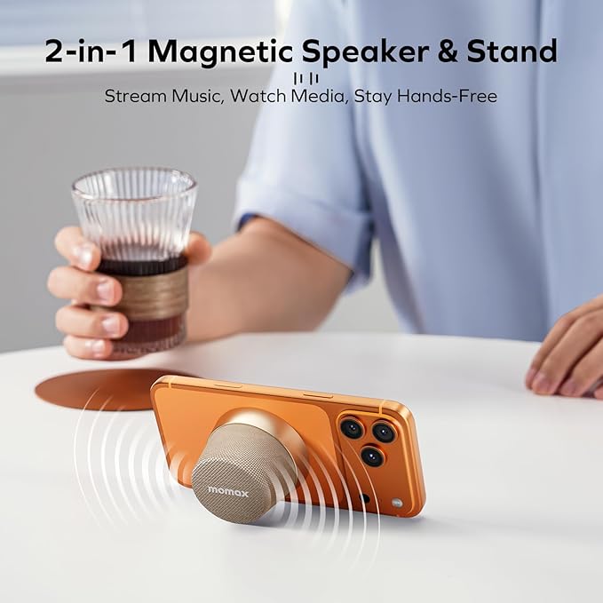 MOMAX Magnetic Portable Bluetooth Speaker, IPX6 Waterproof Mini Shower Speaker, Enhanced Bass, 12H Playtime, TWS Stereo, USB-C Outdoor Speaker, Travel & Gift Ideas, Desert Gold