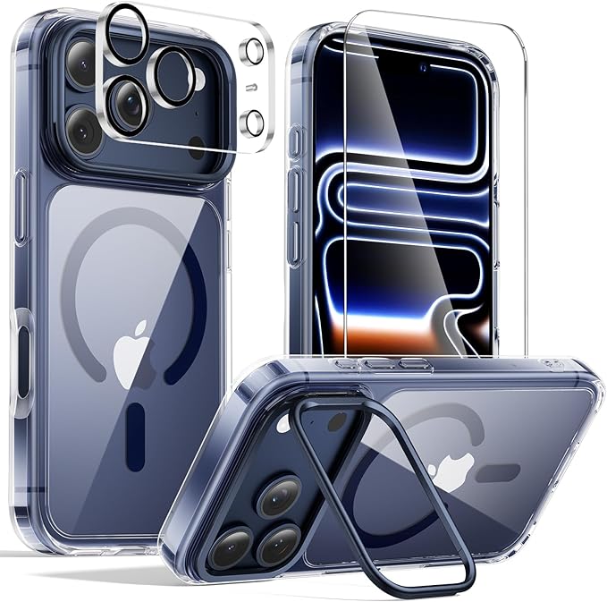 3-in-1 for iPhone 17 Pro Max Case with Frame Stand[1 Screen Protector & 1 Camera Lens Protector ][Not Yellowing][Military-Grade Drop Protection][Fits MagSafe][Shockproof & Magnetic] (Clear-Blue)