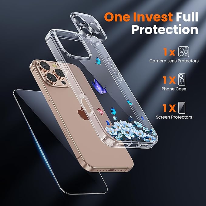 toushion 3 in 1 for iPhone 16 Pro Case Clear, Screen Protector *1 & Camera Lens Protector*1, Print Shockproof for iPhone 16 Pro Phone Case 6.3 inch Floral