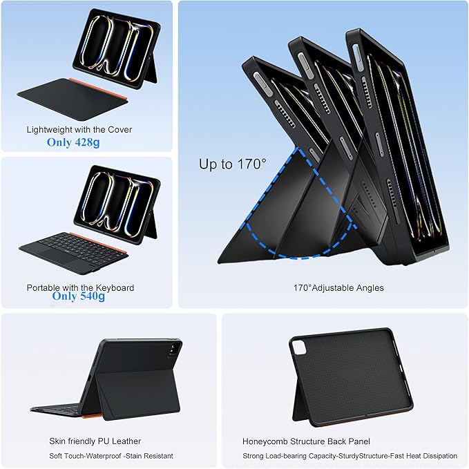 WIWU iPad Pro 11 inch Case with Keyboard M4/M5 2024/2025 Magnetic Detachable 3 in 1 Case Bluetooth Keyboard Adjustable Stand 7 Colors Backlit Keys with Trackpad (Black, iPad Pro 11"(M4/M5 2024/2025))