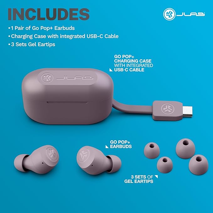 JLab Go Air Pop+, True Wireless Earbuds, Bluetooth Earbuds with Microphone, USB-C Charging Case, Dual Connect, Mauve
