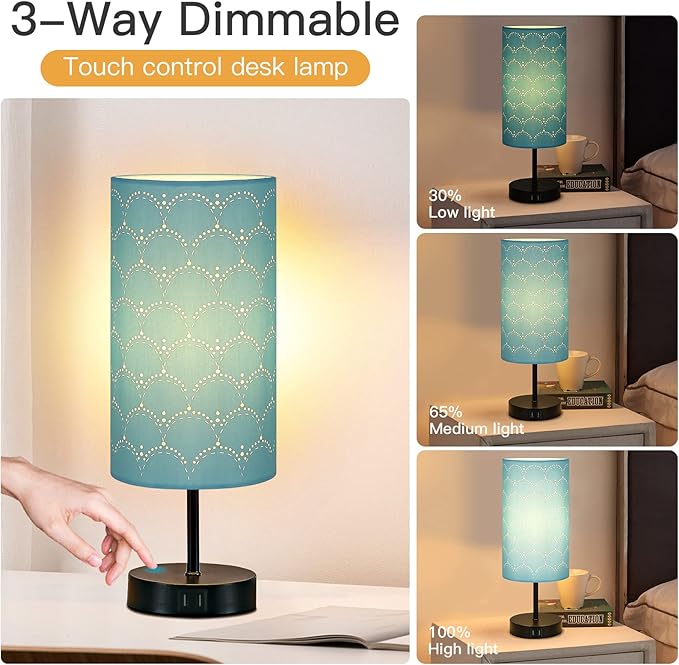 CINSARY Touch Control Bedside Lamp with 2 USB Ports, 3-Way Dimmable Table lamp for Bedroom, Nightstand Lamp with Round Blue Fabric Shade for Living Room Home Office (E26 LED Bulb Included)