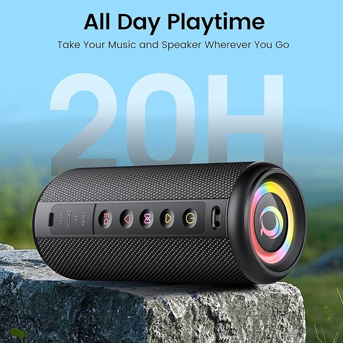 Portable Bluetooth Speaker, 2026 Bluetooth 5.4 Wireless Speaker with 20W HD Loud Stereo Sound, 20H Playtime, LED Lights, IP7, TWS Pairing, Built-in Mic, for Outdoor, Home, Beach, Party, Gift