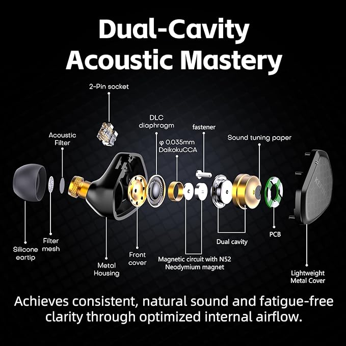 Klean in Ear Monitor, Wired Gaming Earbud, 10mm DLC Diaphragm Dynamic Driver, Wired Earbuds, Interchangeable Tuning Nozzles, HiFi IEM for Audiophile, Musician & Gaming (with Mic USB-C)