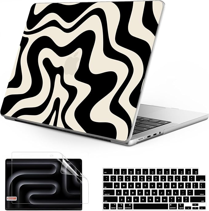 Anban Compatible with MacBook Pro 14 inch Case 2026-2021 M5 M4 M3 M2 M1 A3426 A3427 A3434 A3112 A3185 A3401 A2918 A2992 A2779 A2442, Plastic Hard Shell+Keyboard Cover+Screen Protector, Black Wave