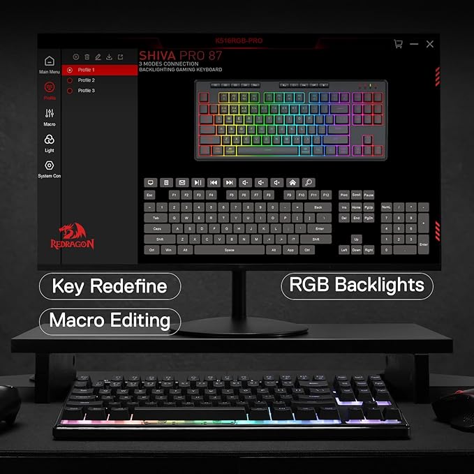 Redragon K516 PRO Shiva TKL RGB Wireless Membrane Gaming Keyboard, 87 Keys Mechanical-Feel Keyboard w/Smooth Linear Switch, On-Board Macro & Multimedia Keys, 16.8M RGB Backlit, Software Supported