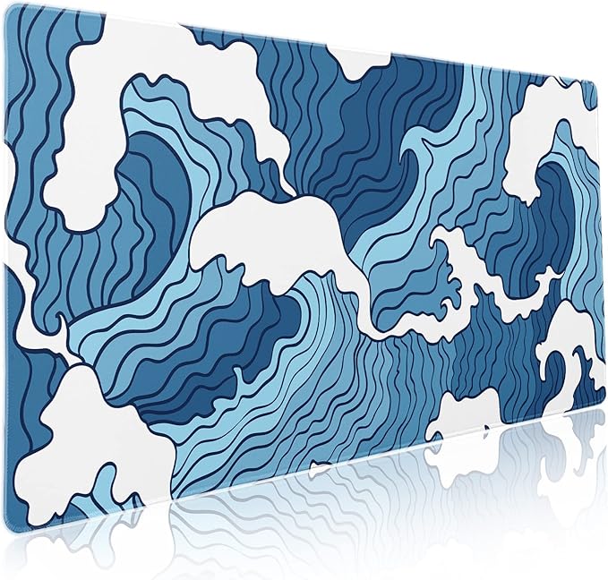 Japanese Blue and White Wave Gaming Mouse Pad XXL Anime Sea Texture Extended Large Desk Mat Big Mousepad Non-Slip Rubber Base Stitched Edge Long Mousepad for Desktop PC Computer Gamer, 35.4 x 15.7 in