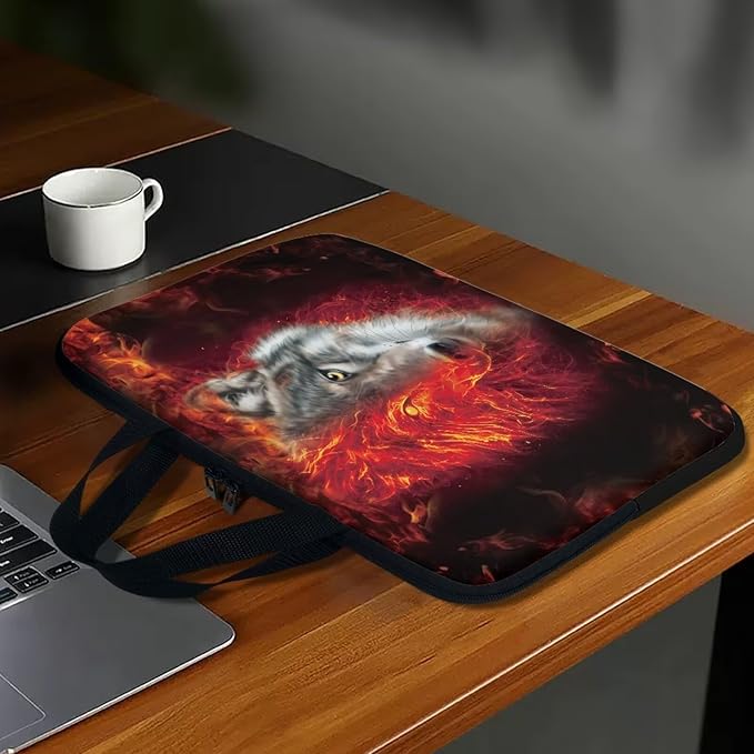 Flaming Wolf Laptop Case 13 Inch Sleeve, Protective Computer Covers with Accessory Pocket, Wildlife Animal Compatible Sleeve Bag for Most 10-17 Inch Notebooks, Black & Red