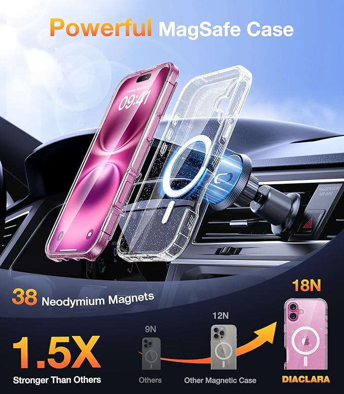 Diaclara Magnetic Designed for iPhone 16 Plus Phone Case,[Full Camera Protection] 360 Clear Bumper Compatible with MagSafe Built-in Screen Protector for 16 Plus,Magnetic Clear Glitter