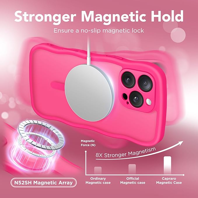 CAPRARO for iPhone 16 Pro Max Case for Women Girls, Upgraded [Full Camera Protection] [Compatible with MagSafe] Cute Wave Translucent Matte Phone Case for iPhone 16 Pro Max, Hot Pink