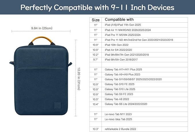 Dadanism 9-11 Inch Tablet Sleeve Bag Carrying Case with Shoulder Strap for iPad 10th Gen 10.9", iPad (A16) 11", i Pad 9/8/7th 10.2", i Pad Air/Pro 11", i-Pad Air 5/4, Galaxy Tab A9+ Plus 11", Indigo
