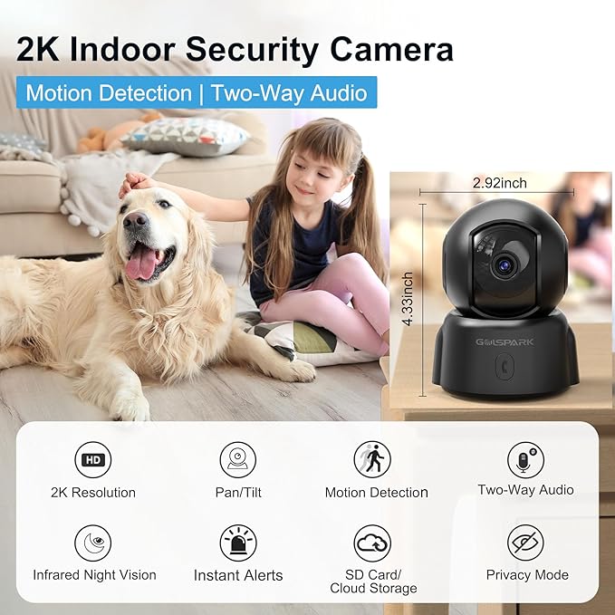 GOLSPARK Dog Pet Camera for Home Security 2K, 2.4GHz WiFi Camera Baby Monitor for Room with Motion Tracking Detection Night Vision, Two-Way Audio SD/Cloud Storage