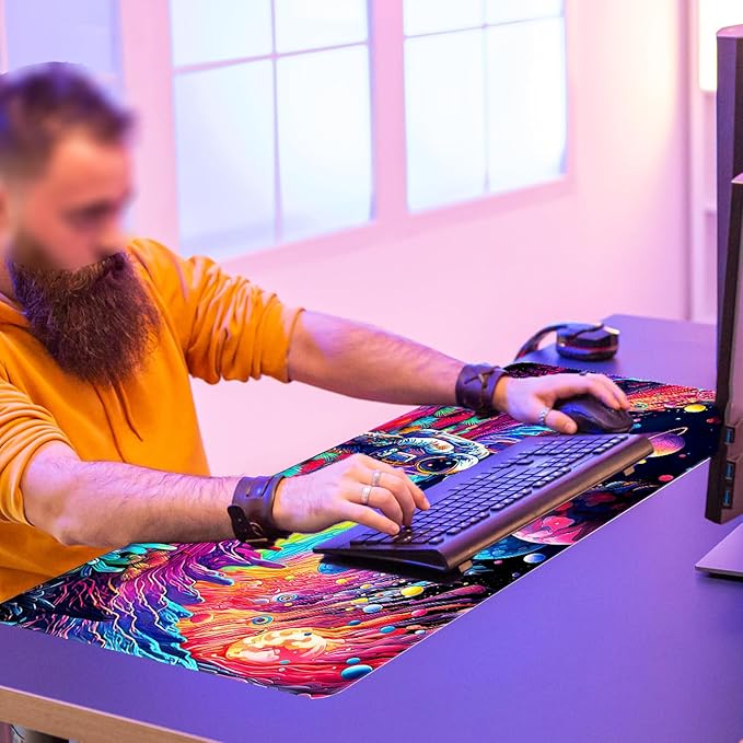 Cyberpunk Astronaut Mouse Pad Desk Mat Fantasy Planet Space Large Gaming Mouse Pad Anime Desk Pad Mousepad XXXL Extended Keyboard Mat Futuristic Cosmic Adventure Mouse Mat, Waterproof, 35.4 x 15.7 in