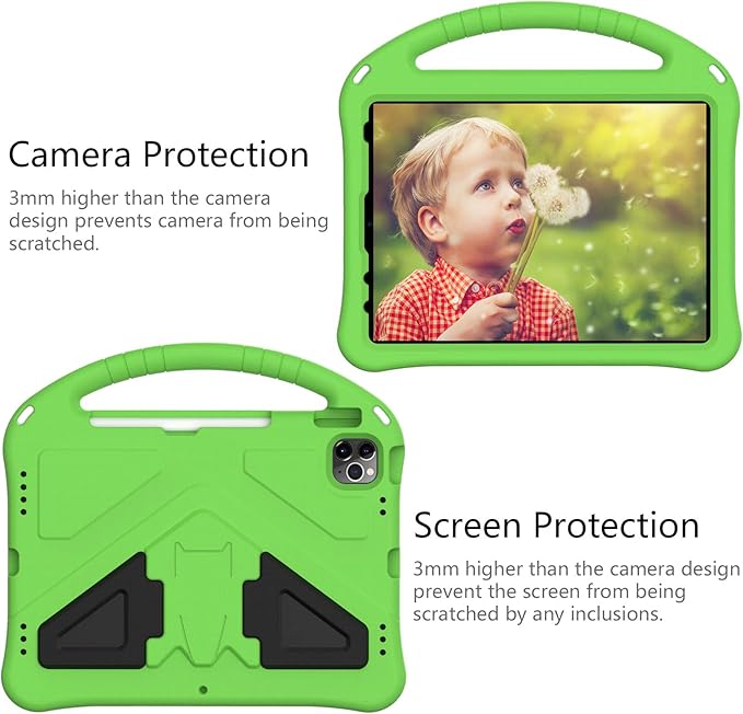 Kids Case for iPad Pro 11" 2022/2021/2020/2018, iPad Air 5th/4th Generation With Pencil Holder, Lightweight Shockproof EVA Foam Handle Stand Anti-Slip Grip Rugged, Green