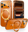 TOBOVON Magnetic for iPhone 17 Pro Max Case with Ring Stand, Fits MagSafe, with Built-in Camera Lens Protector, Slim Electroplated Shockproof Phone Cover, Orange