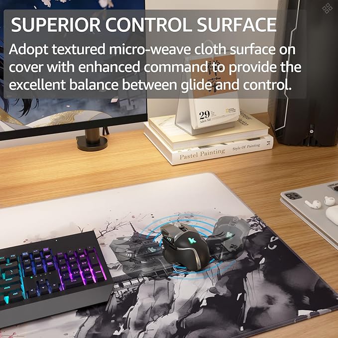 KTRIO Large Gaming Mouse Pad Desk Mat, Superior Micro-Weave Cloth, Non-Slip Rubber Base, Stitched Edges, Water-Resistant, for Gamer, Office & Home, 31.5 x 15.7 Inch, Zen Sakura