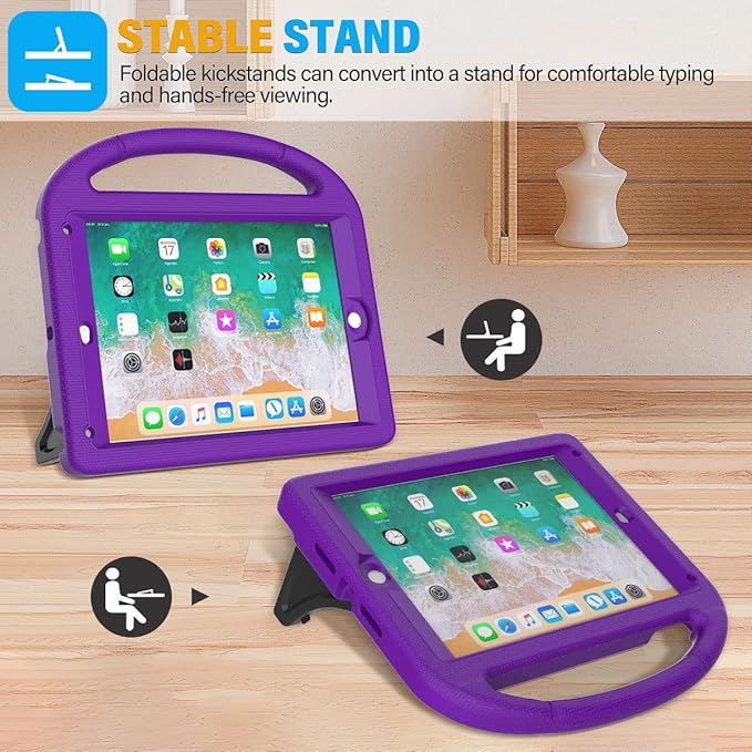 SUPLIK Kids Case for iPad 5th/6th Generation(9.7 inch, 2017/2018), iPad Air 1/2 & Pro 9.7 Kids Case with Screen Protector, Durable Lightweight Cover with Handle Stand for Apple iPad 5/6 Gen, Purple