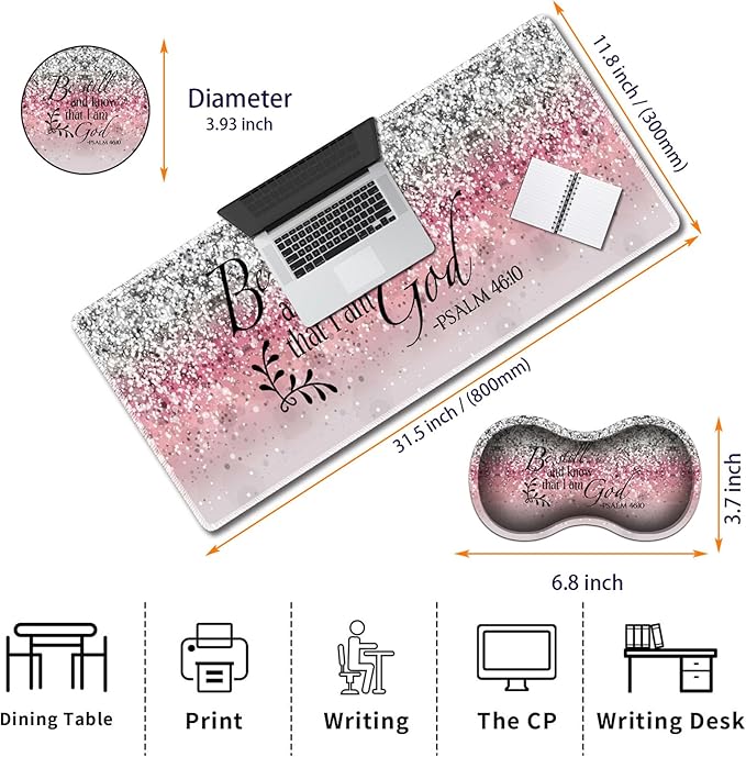 Durable Desk Mat + Wrist Rest Pad + Coasters Set, Large Gaming Office Mouse Pad 31.5 "x 11.8", Extended Non-Slip Rubber Keyboard Pad, Laptop & Home, Pink Flash Bible Pattern