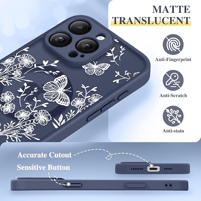 GVIEWIN for iPhone 16 Pro Max Case Compatible with MagSafe, [Military Grade Protection] [Screen Protector] Full Camera Protection Floral Translucent Women Magnetic Phone Case, Tuberose/Blue