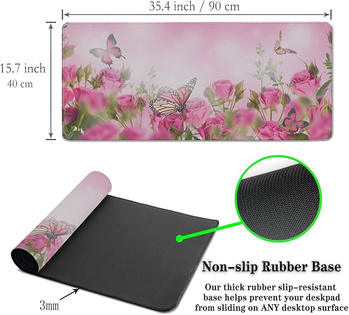 Computer Desk Mat Pink, Large Gaming Mouse Pads Desk Pad for Women Big Mouse Pad, Chic Office Desk Accessories Non-Slip Rubber Base, 35.4 X 15.7 inch for Work/Game/Office/Home Roses Butterfly