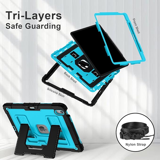Kids Friendly Case for iPad Air 13 Inch M4 M3 M2 2026/2025/2024 Case with Pencil Holder & Shoulder Strap, Military Grade Shockproof Kickstand Hard Shell Protective Cover,Black+Blue