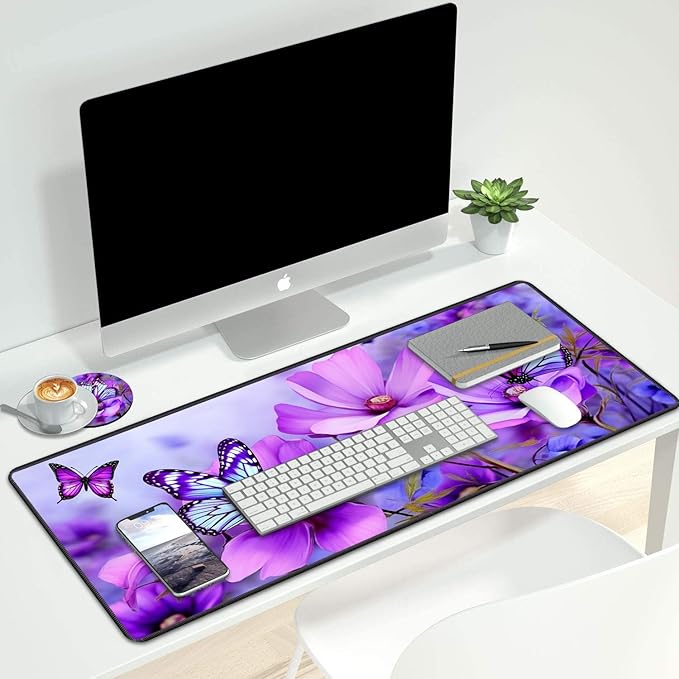 Desk Pad Mat Gaming Mouse Pads with Coasters,Stitched Edges Design Mouse Pad XXL Large Mouse Pad for Laptop Computers Purple Flowers and Butterflies Desk Writing Mat for Office & Home