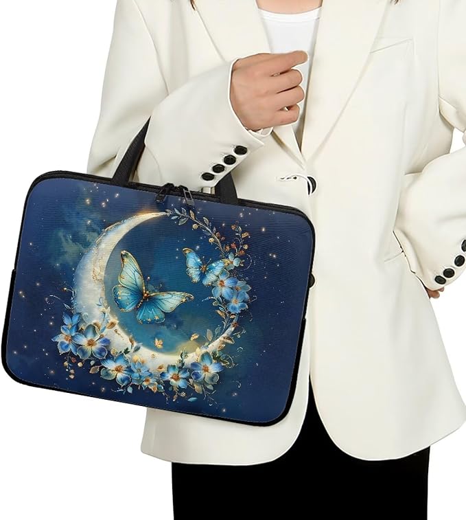 Blue Butterfly Moon Computer Bag Sleeve with Handle, Protective Tablet Case with Zipper, Women Sturdy Laptop Bag, Portable Notebook Sleeves Handbag for Travel/Business/School