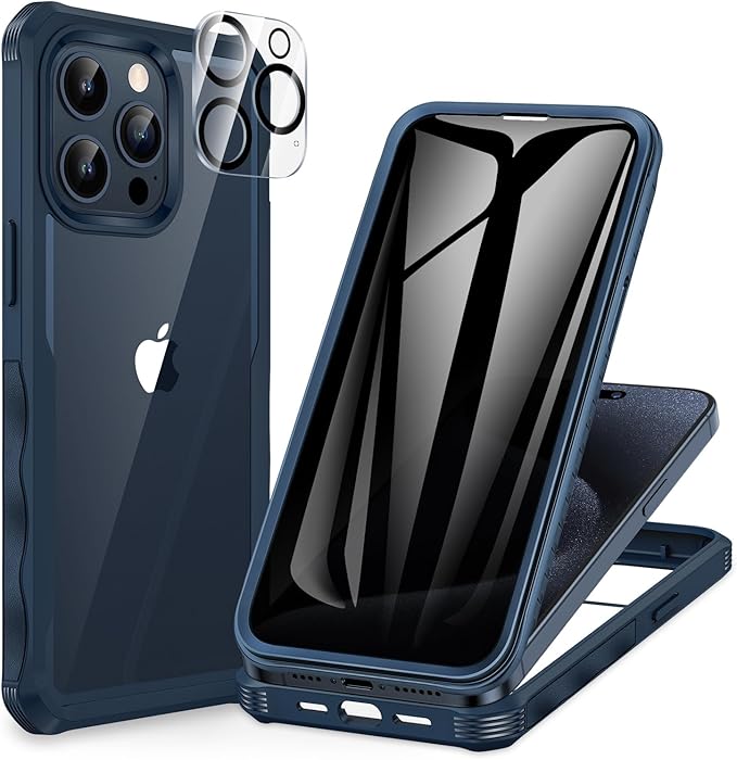 CENHUFO Privacy for iPhone 15 Pro Case, Full Body Phone Case with Built-in 9H Tempered Glass Privacy Screen Protector and Camera Lens Protector, Anti Peep Spy Shockproof Bumper Clear Cover - Blue