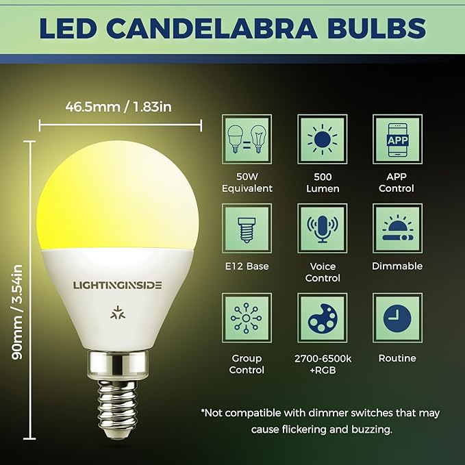Lightinginside E12 Matter Smart Light Bulbs Compatible with Alexa/Siri/Apple Home/Google Home/SmartThings, G16.5 RGBCW Candelabra Ceiling Fan Bulb, 50W Equivalent 5W 550LM, 2.4G WiFi, ETL Listed, 4PCS