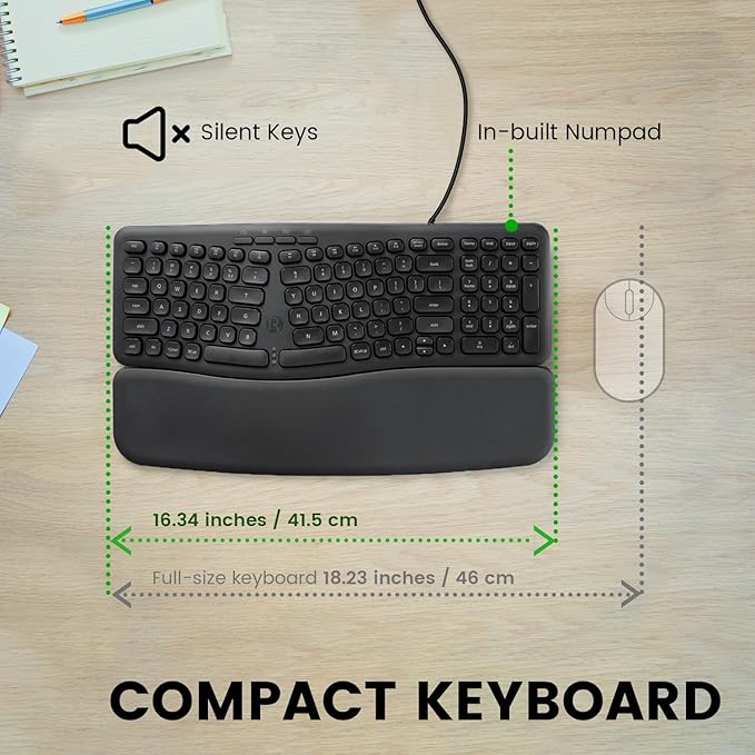 Perixx PERIBOARD-536B US, Wired Ergonomic Compact USB Keyboard - 16.34 x 5.71 x 1.61 inches Dimension - Build-in Number Pad - Detachable Wrist Rest - Silent Typing - Black