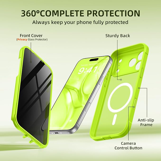 BERFY for iPhone 17 Pro Max Case, Compatible with MagSafe, Built-in Privacy Screen Protector, Camera Protection, Shockproof Full Body Phone Case 6.9", Translucent Bright Green