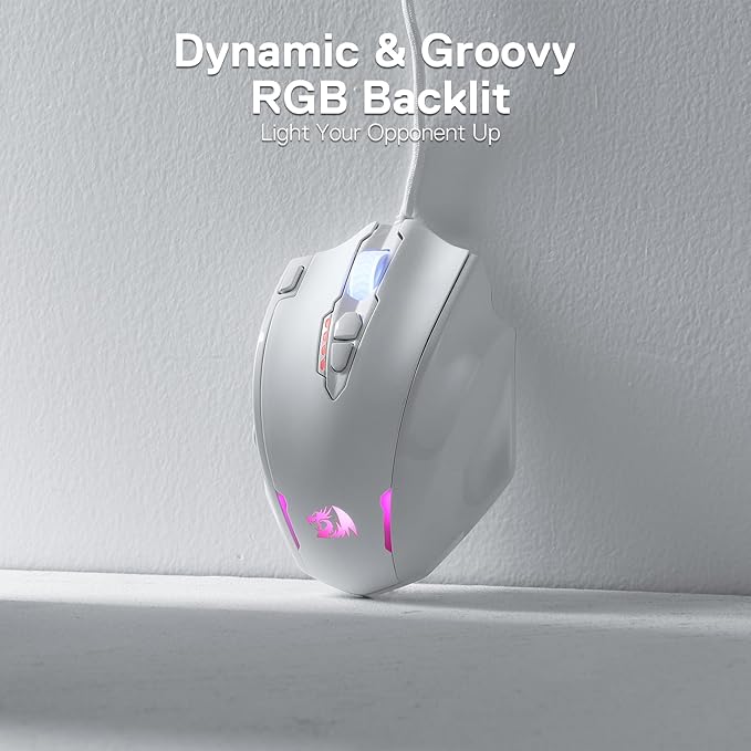 Redragon M908 Impact RGB LED MMO Gaming Mouse with 12 Side Buttons, Optical Wired Ergonomic Mouse with Max 12,400DPI, High Precision, 18 Programmable Macro Shortcuts, Comfort Grip, White