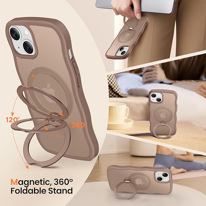 CAPRARO for iPhone 13 Case & iPhone 14 Case with 360° Spin Magnetic Stand for Women, [Compatible with MagSafe] [Camera Protection] Cute Wave Translucent Matte Case for iPhone 13/14, Brown