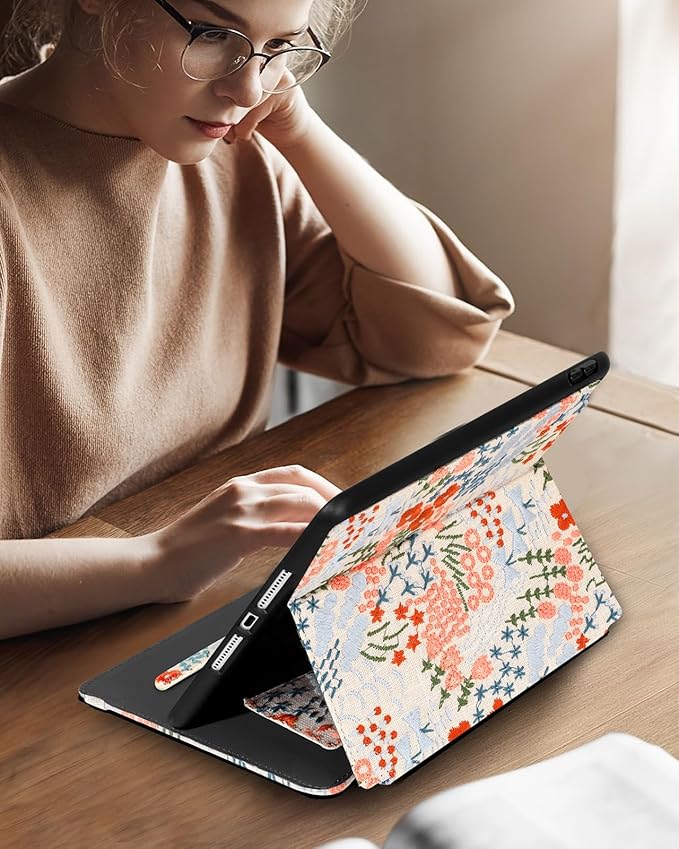 Uppuppy for iPad 9th/8th/7th Generation Case 10.2'' - for Women Girls Cute Embroidered Folio Stand Cover with Pencil Holder & Card Slot Girly Floral Flowers Design Aesthetic Cases for iPad 7th/8th/9th