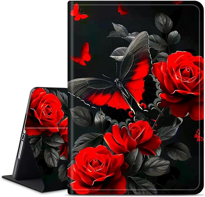 for Amazon Kindle Fire HD 10 & 10 Plus (13th/11th Generation, 2023/2021 Release) 10.1" Tablet Case, Slim Kickstand Stand Leather Smart Cover with Auto Wake/Sleep, Red Rose Butterfly