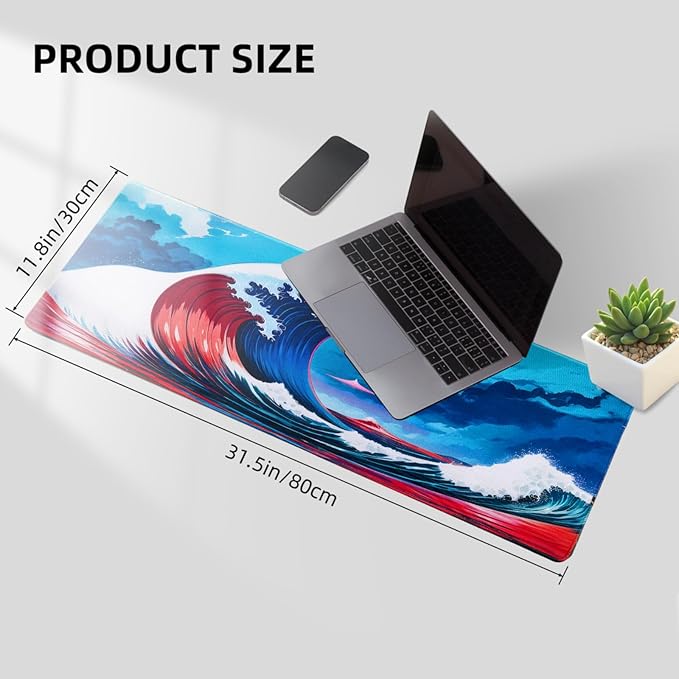 Hopipad Japanese Style Waves Large Gaming Mouse Pad for Desk, Desk Mat with Seamed Edges, Waterproof Desk Pad, Non-Slip Rubber Base, 31.5x11.8 Inch Keyboard Pad Computer Mat, Big XL Mousepad