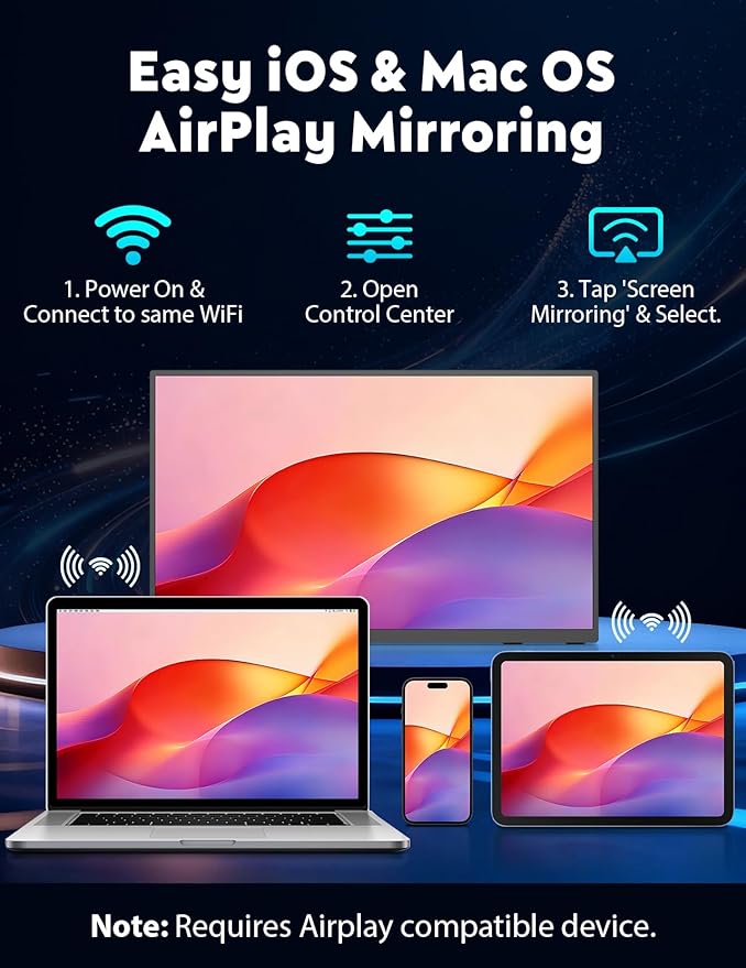 18.5" True Wireless Portable Monitor, 1080P FHD, 10000mAh Battery, Wireless Screen Mirroring (AirPlay/Miracast), Auto Rotation for Phone/Tablet, USB‑C & Mini HDMI, VESA, Protective Sleeve Included